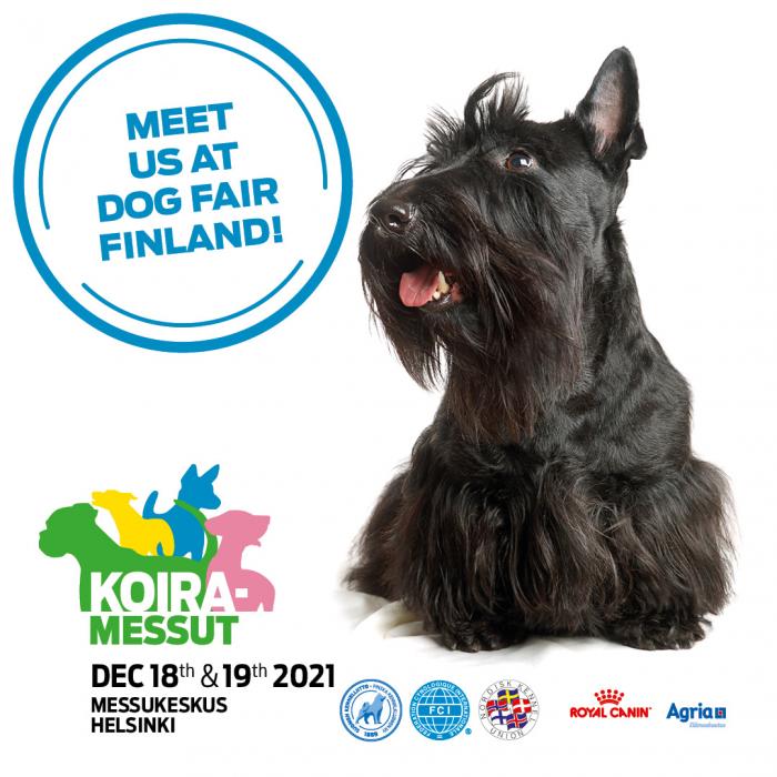 A Scottish Terrier and the text Meet us at Dog Fair Finland!